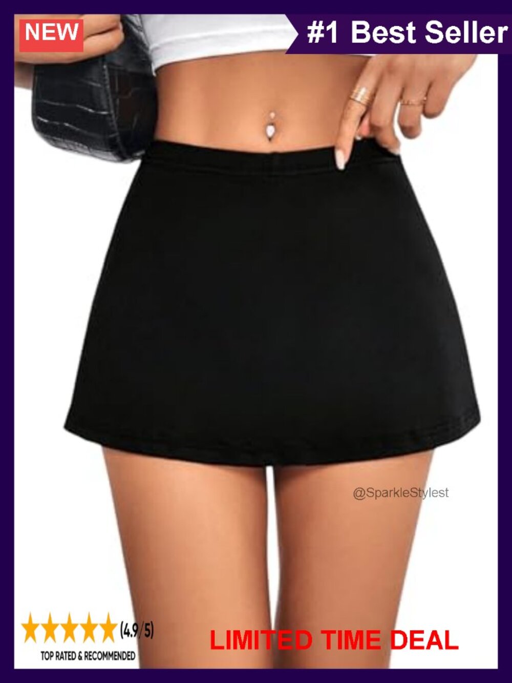Mini Skort with Shorts A-Line Stretch Elastic Waist Split Hem